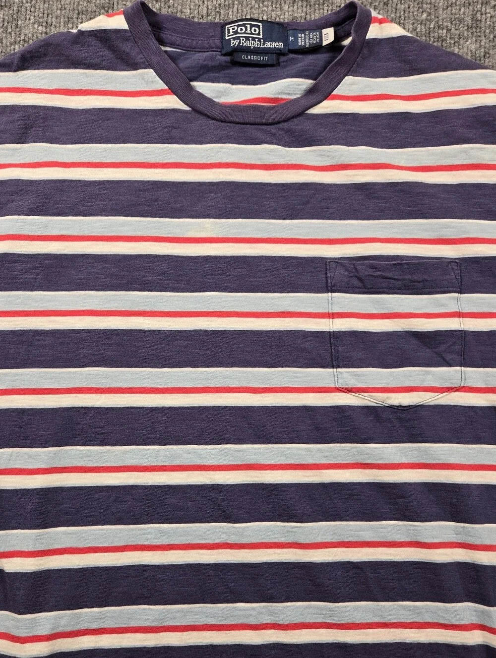 Polo by‎ Ralph Lauren Classic Fit Striped Pocket T-Shirt Anchor Logo Navy M